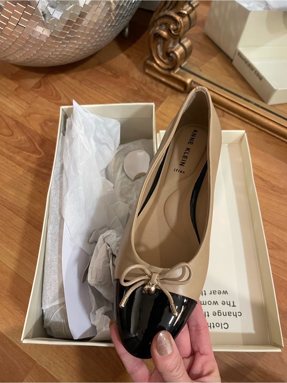 Anne Klein Beige Ballet Flat with Black Patent Cap Toe and Bow